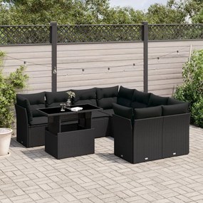 Set divani da giardino 9 pz con cuscini nero in polyrattan