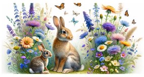 Quadro su tela – Fiori di campo e coniglietti tra le farfalle
