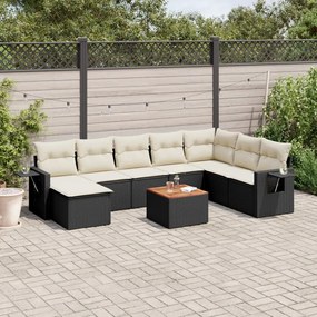 Set divani da giardino 9 pz con cuscini nero in polyrattan