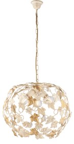 Lampadario Shabby Edera 3 Luci Ferro Battuto Avorio Oro Con Foglie E Cristalli