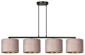 Lampadario 4 Luci Ganesha In Acciaio Nero E Paralumi In Tessuto Rosa