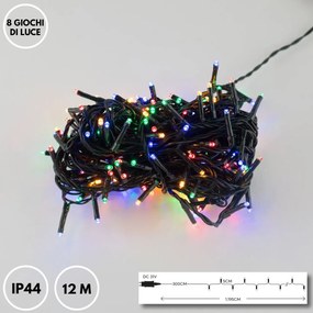 Catenaria Natalizia LED 12m 8 GIOCHI DI LUCE Cavo VERDE IP44 MULTICOLOR Colore Multicolor
