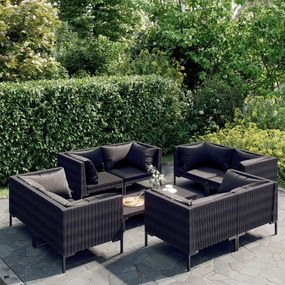 Set divani giardino 9 pz con cuscini in polyrattan grigio scuro