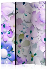 Paravento separè Dolcezza viola (3 pezzi) - composizione con fiori e cristalli