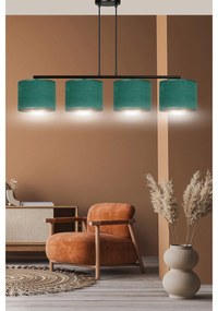 Lampadario 4 Luci Ganesha In Acciaio Nero E Paralumi In Tessuto Verde