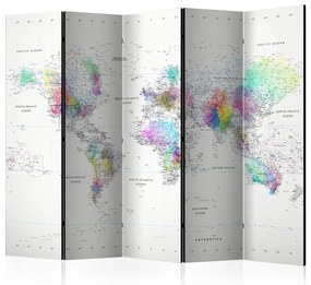 Paravento design Mappa del mondo colorata (5 parti) - continenti colorati