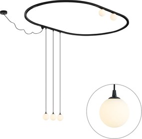 Sistema di illuminazione a binario ovale moderno nero con 3 luci a sospensione e 2 plafoniere bianche monofase - Iconic Perle