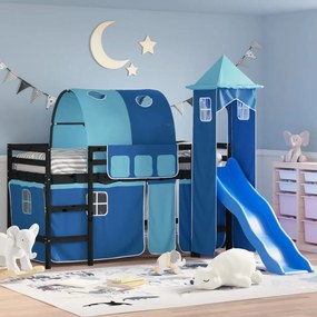 Letto A Soppalco Con Torre Bambini Blu 80x200cm Massello Pino /