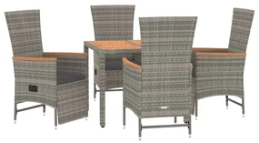 Set da pranzo da giardino 5 pz con cuscini in polyrattan grigio