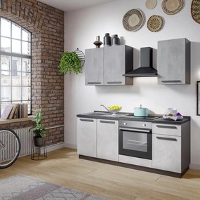 Cucina montata Dora bianco e grigio chiaro, lavello a sinistra, L.195 cm, completa di: cappa a camino, piano cottura a induzione e forno
