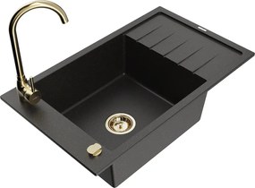 Mexen Elias lavello in granito a 1 vasca con sgocciolatoio e rubinetto da cucina Telma, nero/oro - 6511-75-670200-50