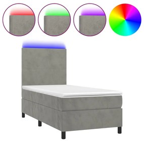 Letto a molle materasso e led grigio chiaro 80x200 cm velluto