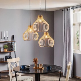 TEMAR LIGHTING Lampada a sospensione Barrel con paralumi in legno, a 3 luci, rotonda