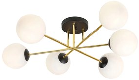 Plafoniera Moderna Magnium 6 Luci In Acciao Nero Oro E Sfere In Vetro Bianco