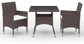 Set da pranzo da giardino 3 pz marrone in polyrattan e vetro