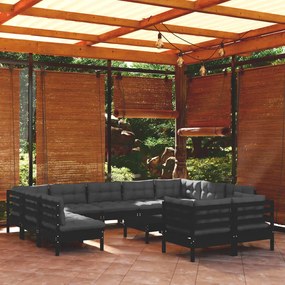 Set divani da giardino 12 pz con cuscini neri in legno di pino