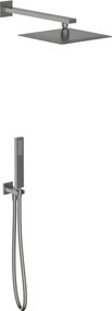 Kit doccia Axum Nickel Spazzolato con soffione orientabile e doccetta, dotati di ugelli anticalcare