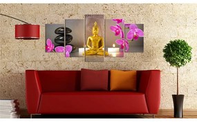 Quadro Buddha d'oro e orchidee  Colore Nero, Dimensioni e Misure 100x50