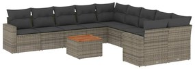 Set divani da giardino 11 pz con cuscini in polyrattan grigio