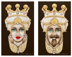 Art Maiora Quadro dipinto a mano su tela "Teste di moro crown" 110x65 set 2pz oro