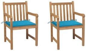 Sedie da Giardino 2 pz con Cuscini Blu in Massello di Teak