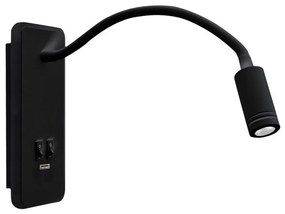 LED Lampada flessibile da parete con base USB 1xLED/8W+1xLED/2W/230V nero