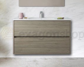 Mobile Bagno Rovere Scuro 100x45 Rigo Due Cassetti con Lavabo In Porcellana e Specchio Con Lampada Applique