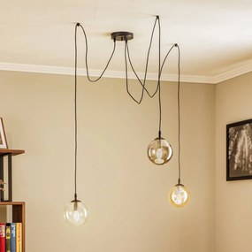 EMIBIG LIGHTING Lampada a sospensione Glassy, a 3 luci, decentrata, grafite/ambra/trasparente