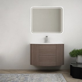 Mobile bagno sospeso 90 cm Rovere scuro design tondo con specchio led