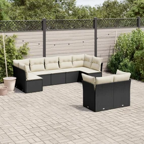 Set divani da giardino 9 pz con cuscini nero in polyrattan