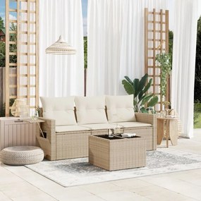 Set Divano da Giardino 4 pz con Cuscini Beige in Polyrattan