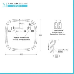 Specchio da parete con faretti LED 80x80 a filo lucido con angoli arrotondati - Aurea
