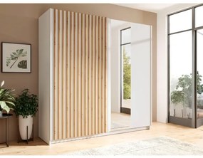 Armadio 200x200h Cm 2 Ante Scorrevoli Con Specchio Bianco Listelli Rovere Dalia