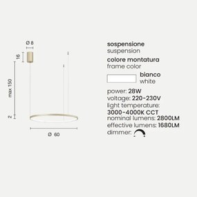 Lampada a sospensione a Led SOEL 60 in metallo verniciato BIANCO