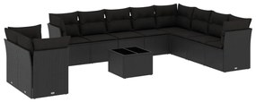 Set divani da giardino 11 pz con cuscini in polyrattan nero