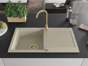 Mexen Leo lavello in granito monovasca con scolapiatti 900 x 500 mm, beige, sifone dorato - 6501901010-69-G
