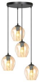 Lampadario 4 Luci Fuxi Base Tonda In Acciaio Nero E Vetri Ambra