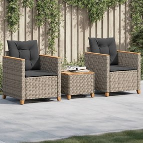 Set Da Bistrò 3 Pz Con Cuscini Grigio Polyrattan E Legno Acacia /