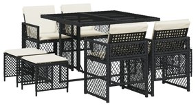 Set da pranzo da giardino 9 pz con cuscini nero in polyrattan