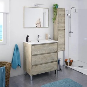 Mobile Bagno 3 Cassetti 80 Cm Con Lavabo Specchio E Colonna Dakota Rovere Alaska