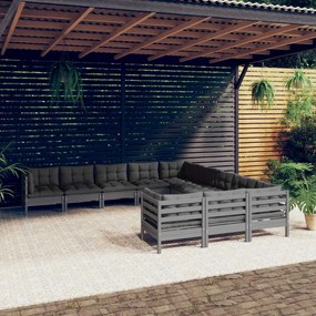 Set divani da giardino 11 pz con cuscini grigi massello di pino