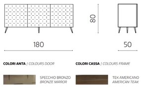 Madia con scocca Teak 180 cm a 3 ante con specchio rivestito Bronzo CASSIA con 5 piedini