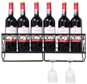 Costway Portabottiglie da parete con porta bicchieri in metallo, Scaffale vini a parete con bancali 50x10x17cm
