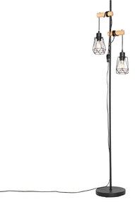 Lampada da terra rustica nera con legno 2 luci con paralume - Dami Frame