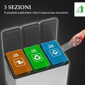 Pattumiera a Pedale 3 Sezioni da 20L 61,9x36,6x56,7 cm in Acciaio Inox e PP...