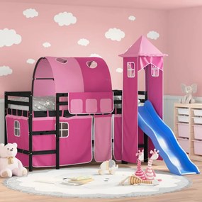Letto A Soppalco Con Torre Bambini Rosa 80x200cm Massello Pino /