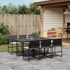 Set da pranzo da giardino 7 pz nero con cuscini in polyrattan