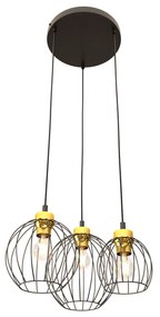 Sospensione Minimal Industrial Hathor 3 Luci Tonda Nera E Oro