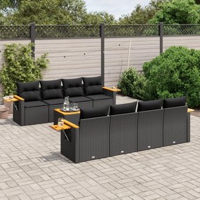 Set Divani da Giardino 9 pz con Cuscini Nero in Polyrattan