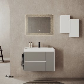 Mobile Bagno Sospeso "Portofino" Da 80 Cm Composto Da Due Cassetti Ed Un'Anta Lavabo E Specchio Finitura Tortora Opaco